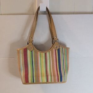 Striped Multi-Color Canvas Tote Bag with Tan Handles